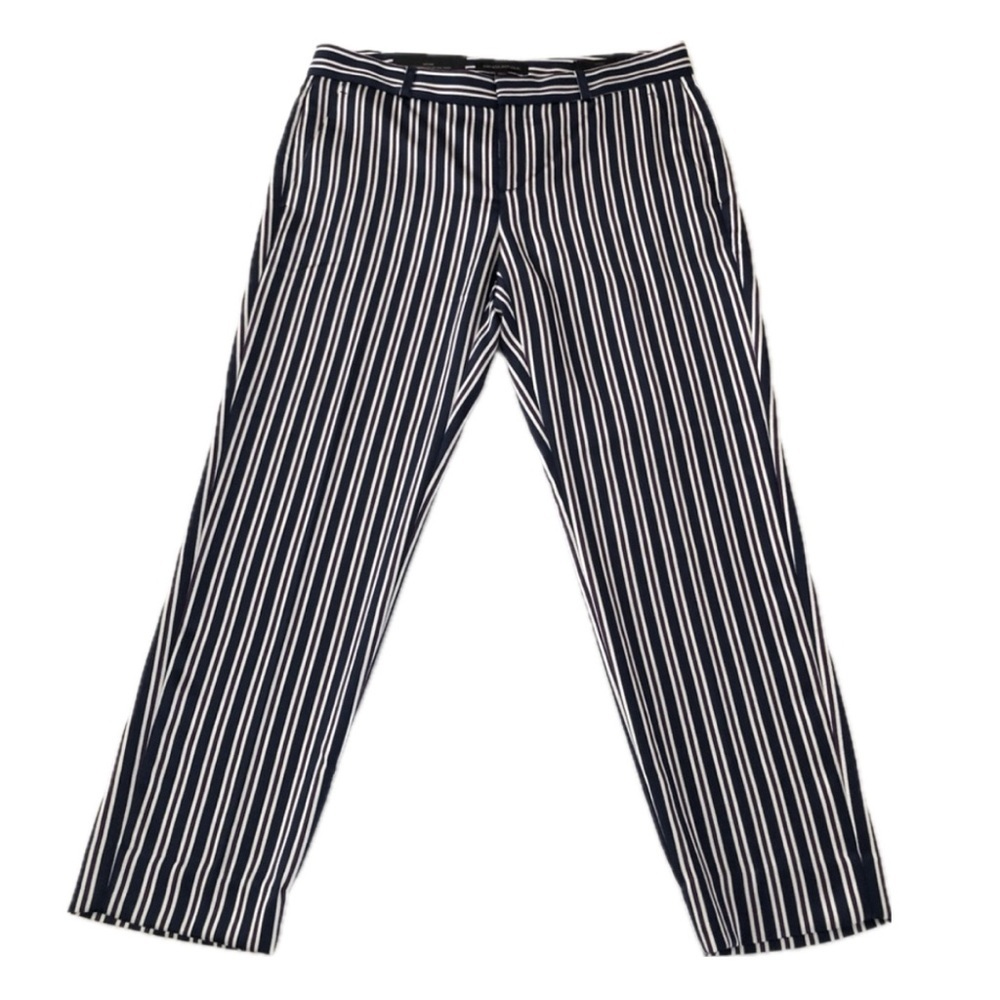 Banana Republic Avery Mid Rise Navy Striped Satin Ankle Length Pants‎ Size 0 NWT